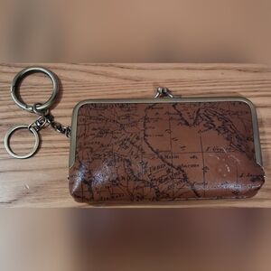 NWOT Patricia Nash Tan Borse Kiss Lock World Map Keychain Wallet Coin Purse Bag